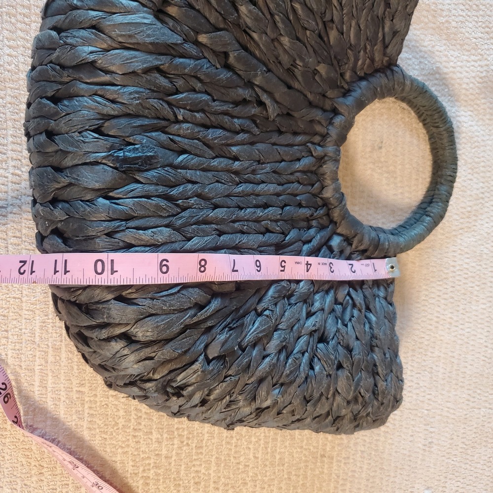 Bujibaja Charcoal Gray Woven Straw Fan Tote Bag Circular Handle Summer Beach - Picture 3 of 10